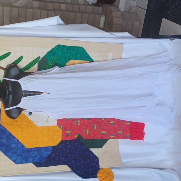 Mlle Gabrielle White Linen Low/High Maxi Dress with Gold chain Detailing - Picture 1 of 7